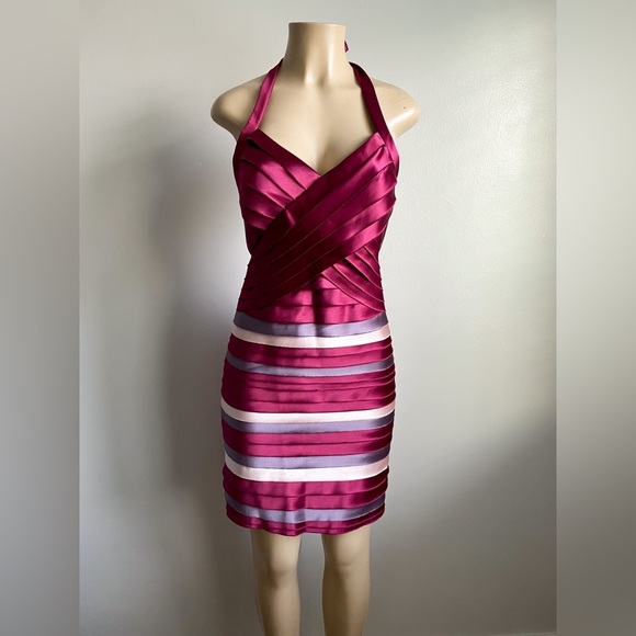 BCBGMAXAZRIA Satin Tiered Halter Y2K Mini Bodycon Backless Shutter Pleatef Dress - Picture 3 of 11